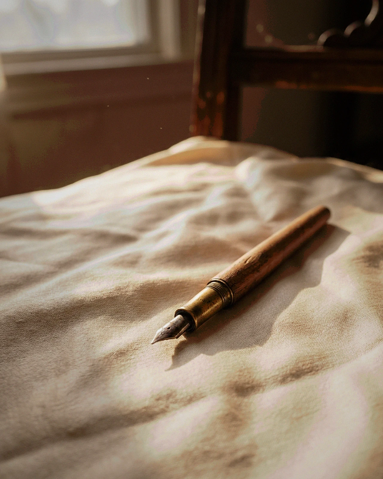 A fountain pen on cream silk