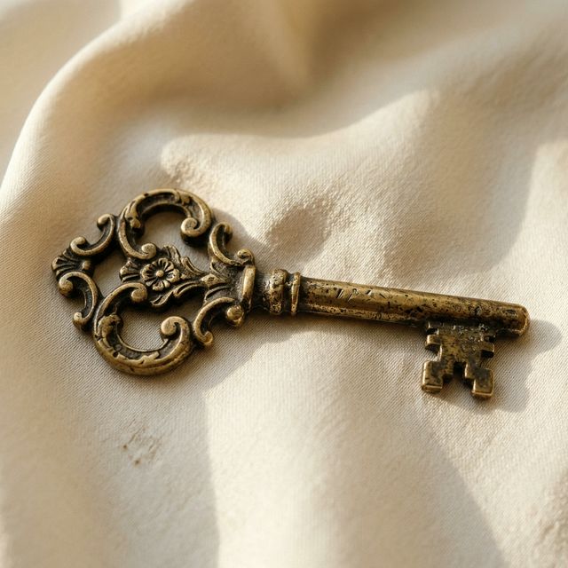 An ornate brass key on cream silk