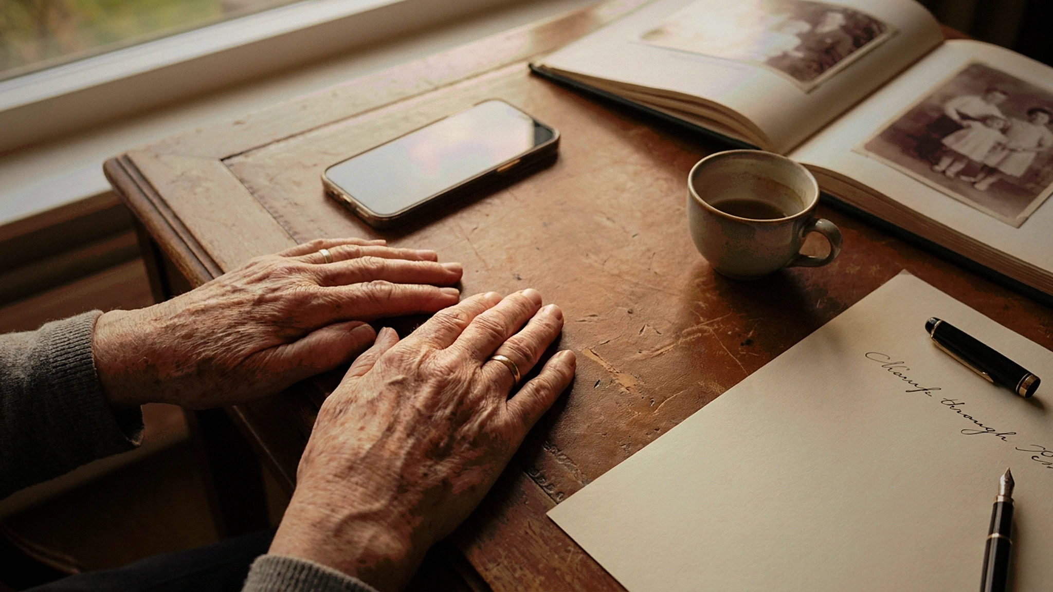 An elderly person's hands rest beside a glowing tree of light, an open photo album, and a sheet of cream paper.