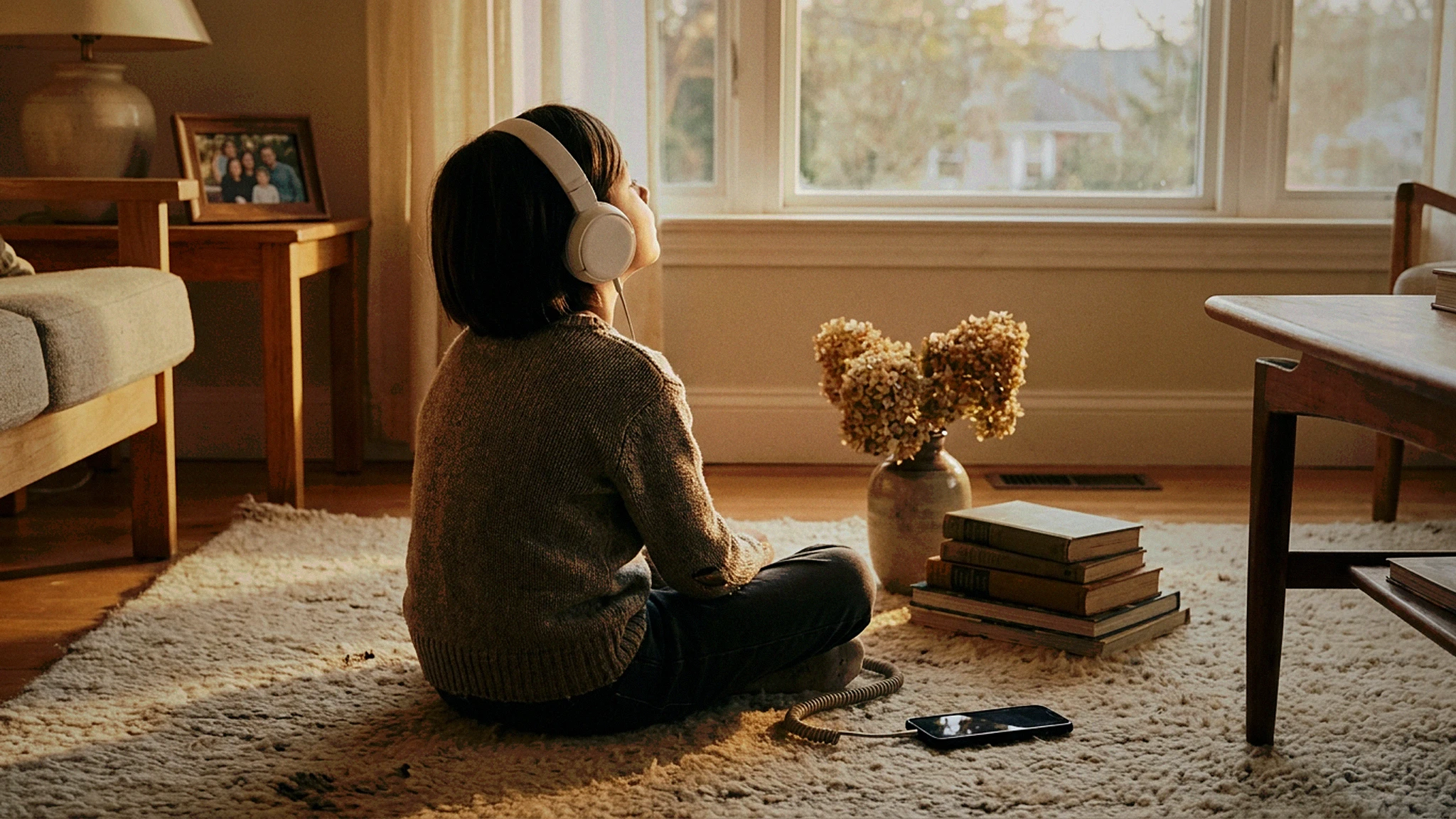 A child listens to a recorded voice through over-ear headphones in golden afternoon light.