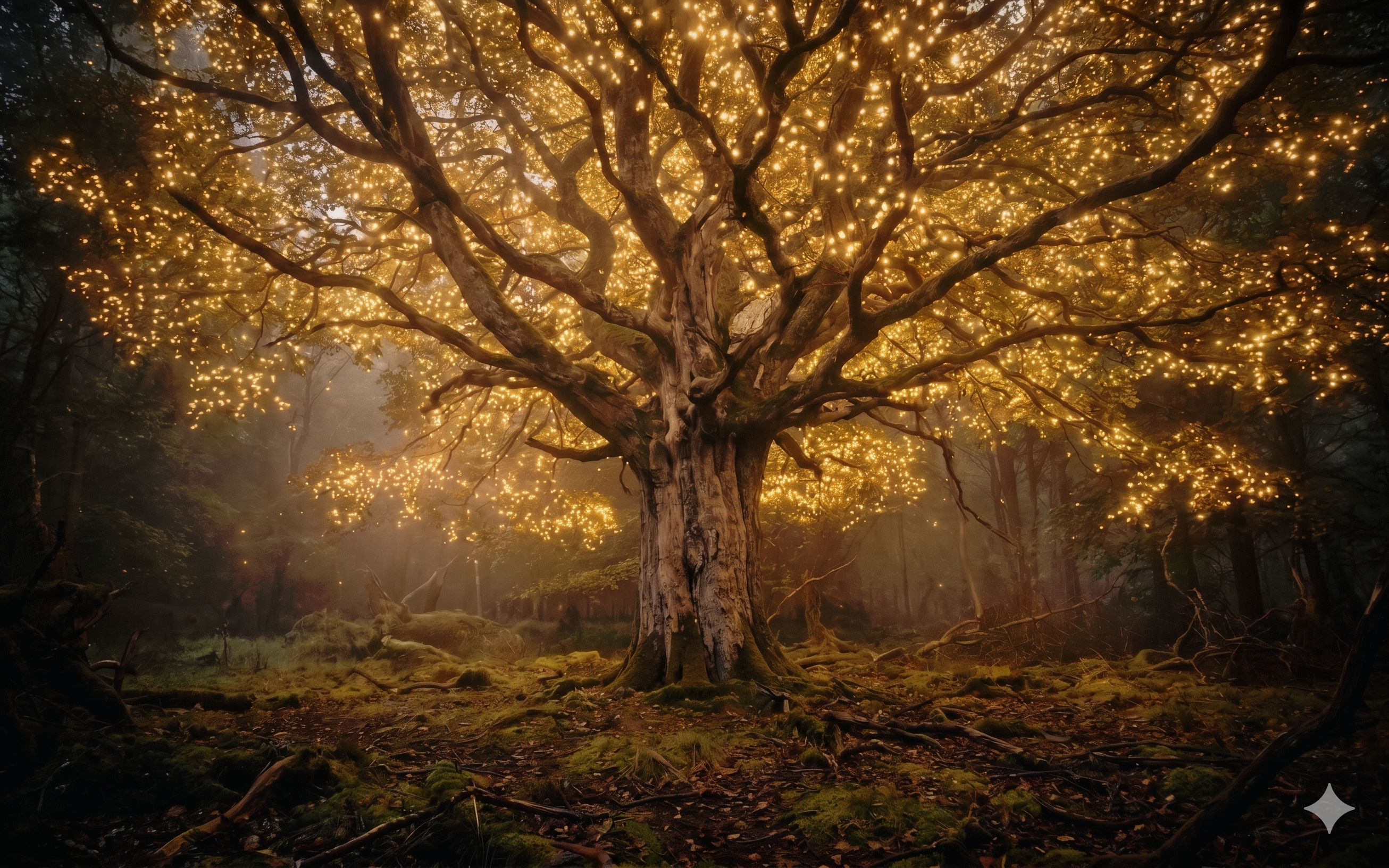 A mature tree at peak, dense canopy filled with warm gold lights